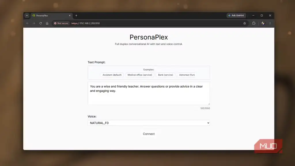 صفحه شروع رابط وب مدل گفتاری PersonaPlex انویدیا.