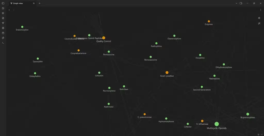 نمای نزدیک از graph view در Obsidian.