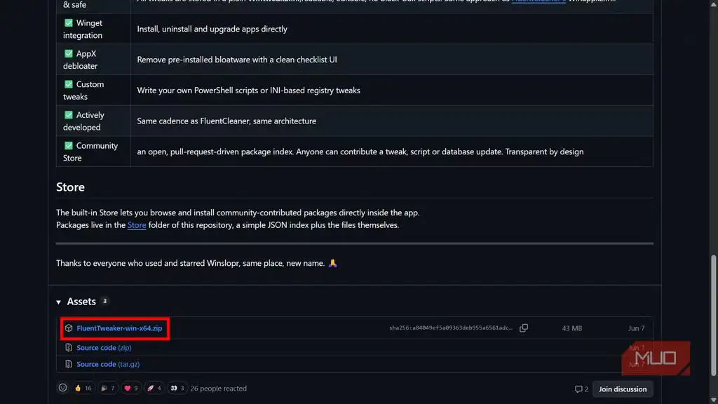 نمایی از فایل‌های انتشار FluentTweaker در GitHub Releases.