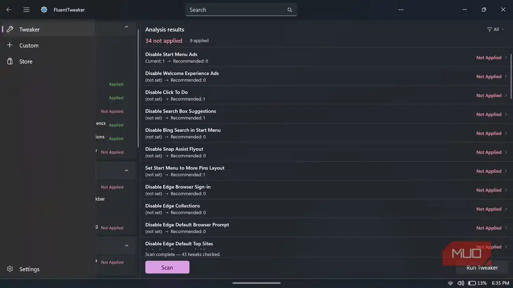 نمایش نتایج Analysis در برنامه FluentTweaker پیش از اعمال تغییرات.