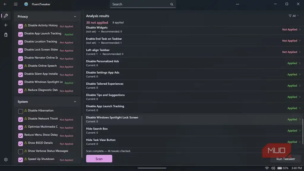 بخش تنظیمات Privacy و System در برنامه FluentTweaker.