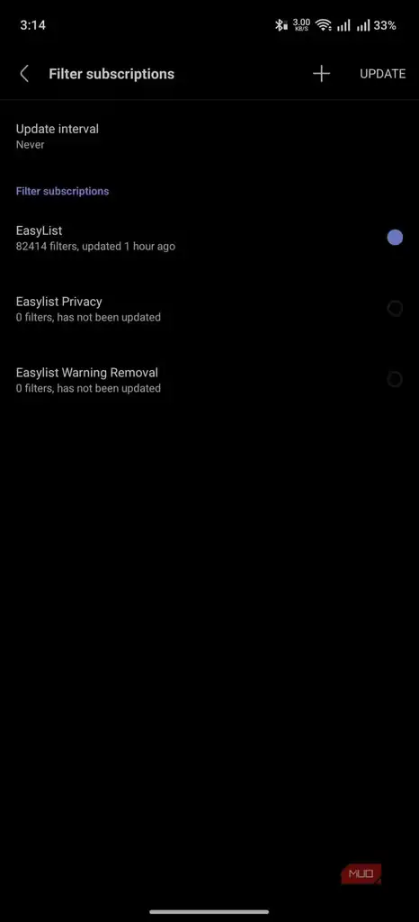 فهرست فیلترهای مسدودسازی تبلیغات در Via Browser.