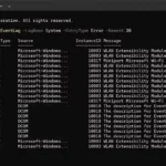 نمایی از اجرای فرمان Get-EventLog در PowerShell برای بررسی خطاهای سیستم ویندوز.