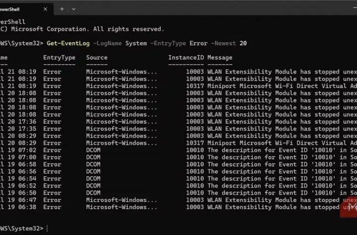 نمایی از اجرای فرمان Get-EventLog در PowerShell برای بررسی خطاهای سیستم ویندوز.