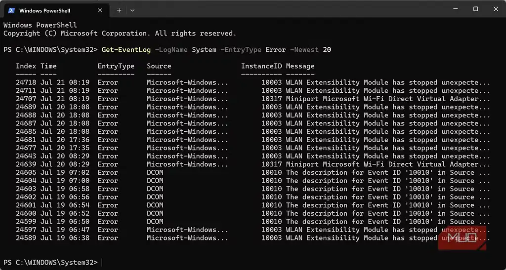 نمایی از اجرای فرمان Get-EventLog در PowerShell برای بررسی خطاهای سیستم ویندوز.