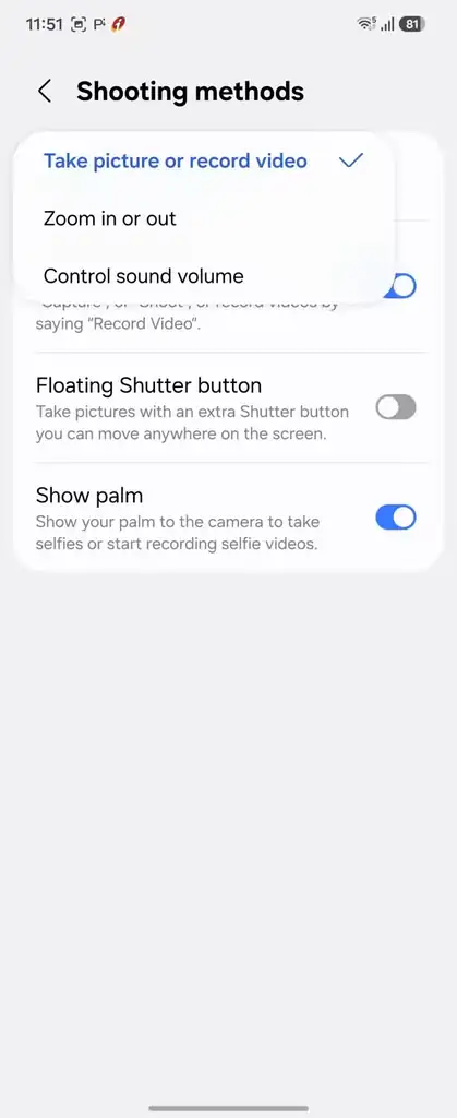 بخش Shooting methods در تنظیمات دوربین Android برای کنترل روش‌های عکاسی.