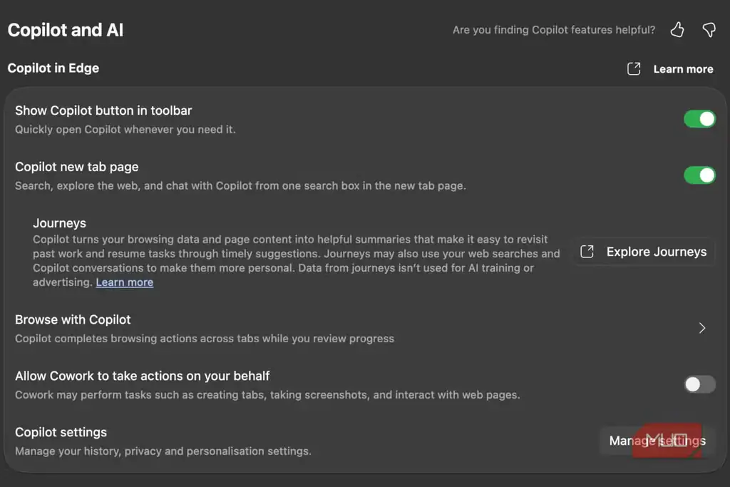 صفحه تنظیمات Microsoft Edge با گزینه Journeys در بخش Copilot و AI.