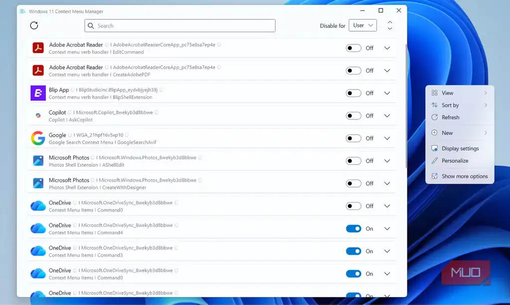 برنامه Windows 11 Context Menu Manager روی دسکتاپ