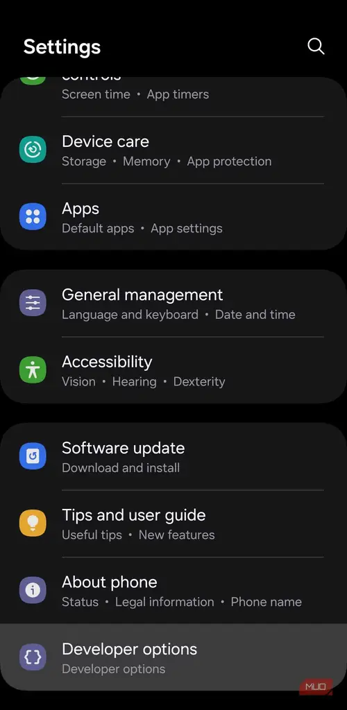 منوی Developer Options در گوشی Samsung