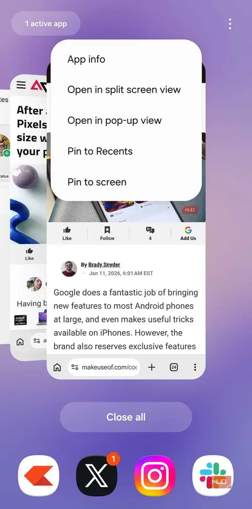 نمای Chrome در منوی برنامههای اخیر اندروید