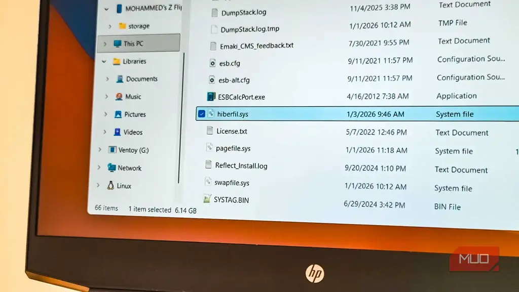 فایل hiberfil.sys در File Explorer روی Windows 11