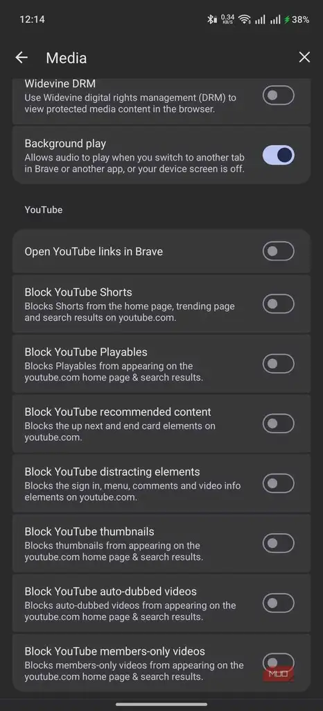 گزینههای پخش YouTube در مرورگر Brave