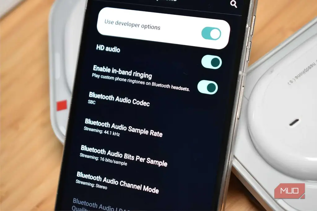 تنظیمات برنامهنویس اندروید با گزینه Bluetooth audio codec نمایشدهنده انتخاب LDAC