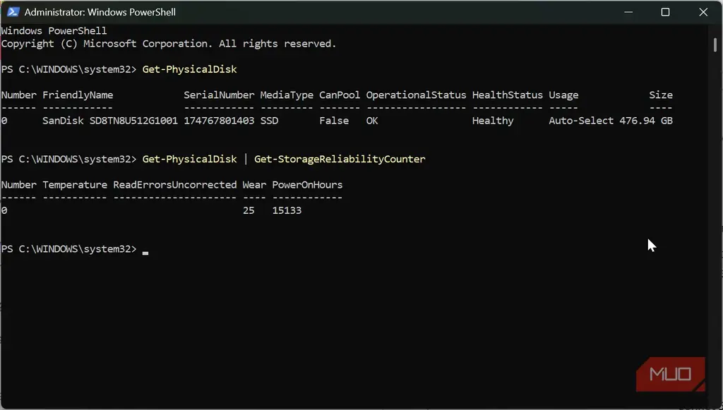 اجرای دستور Get-PhysicalDisk در PowerShell