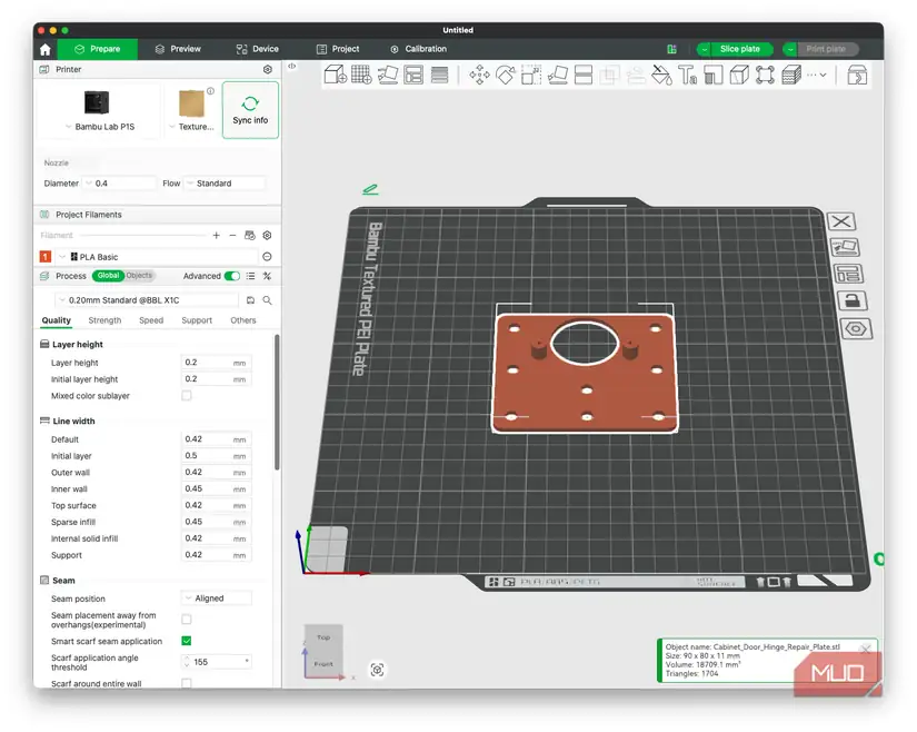 صفحه تقویت لولای کابینت — طرح در Bambu Studio