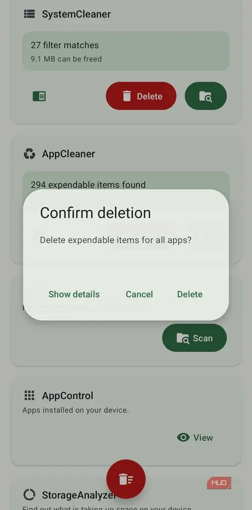 پنجره تایید حذف فایلها در برنامه SD Maid اندروید