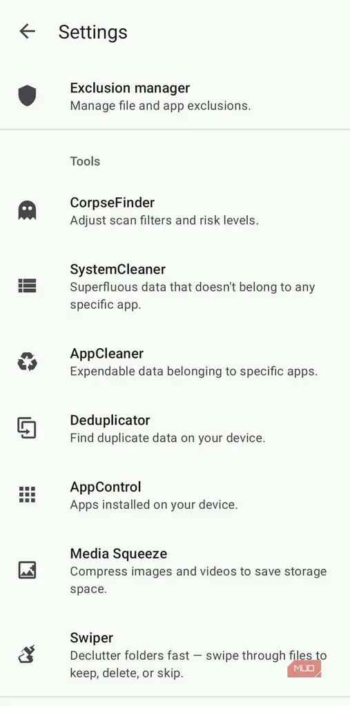 صفحه تنظیمات SD Maid روی اندروید