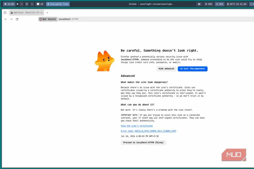 پیام هشدار اولیه Sunshine هنگام نصب