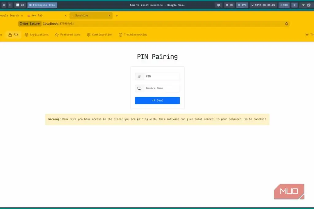 جفتسازی دستگاه با وارد کردن PIN در Sunshine