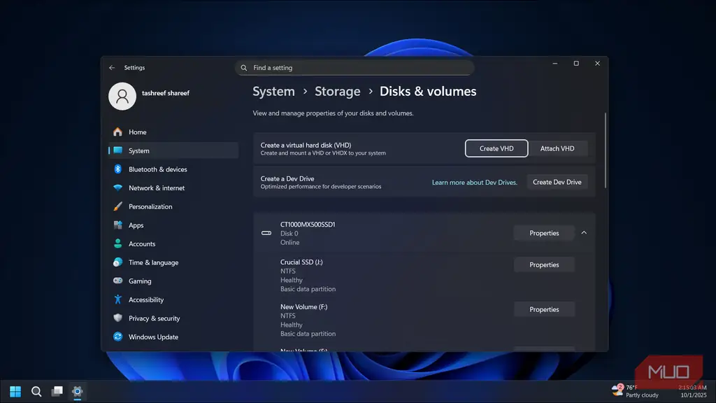 گزینه Create Virtual Hard Disk در اکشن منوی Disk Management ویندوز 11