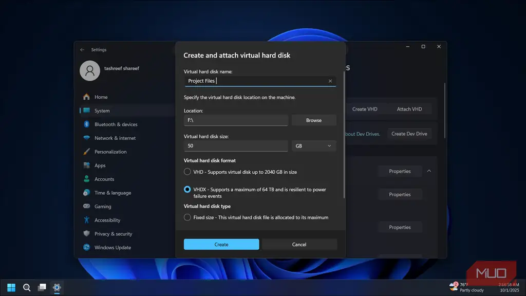 گزینه Create VHD در منوی Action ابزار Disk Management ویندوز 11