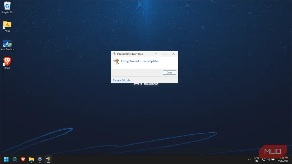 دیالوگ تکمیل رمزگذاری BitLocker روی درایو مجازی