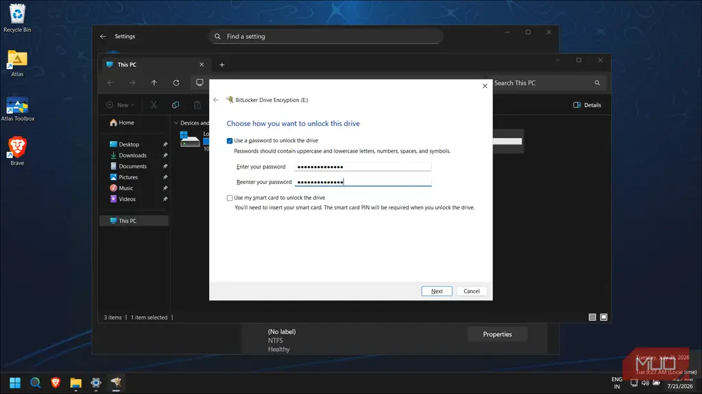 دیالوگ وارد کردن رمز عبور BitLocker در تنظیمات ویندوز