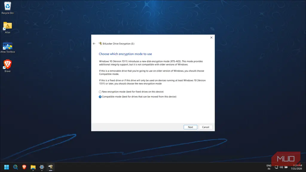 دیالوگ انتخاب حالت رمزگذاری BitLocker در ویندوز