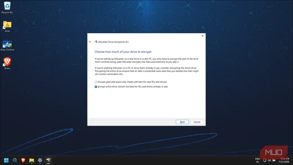 دیالوگ BitLocker با گزینههای رمزگذاری کامل یا فقط فضای استفادهشده