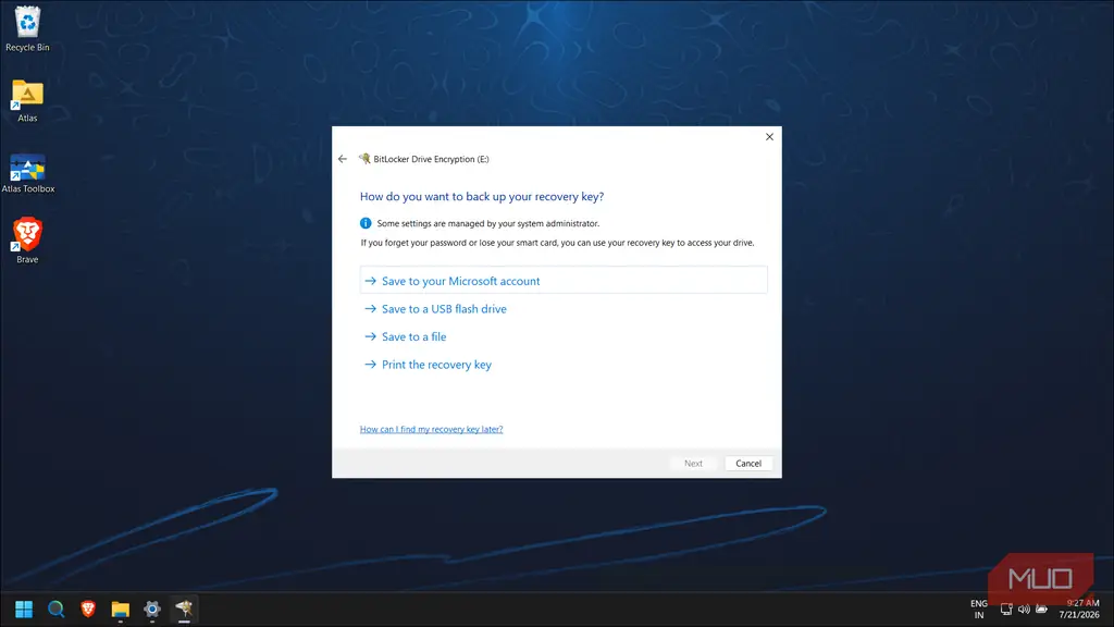دیالوگ پشتیبانگیری از کلید بازیابی BitLocker با گزینههای ذخیره فایل یا پرینت