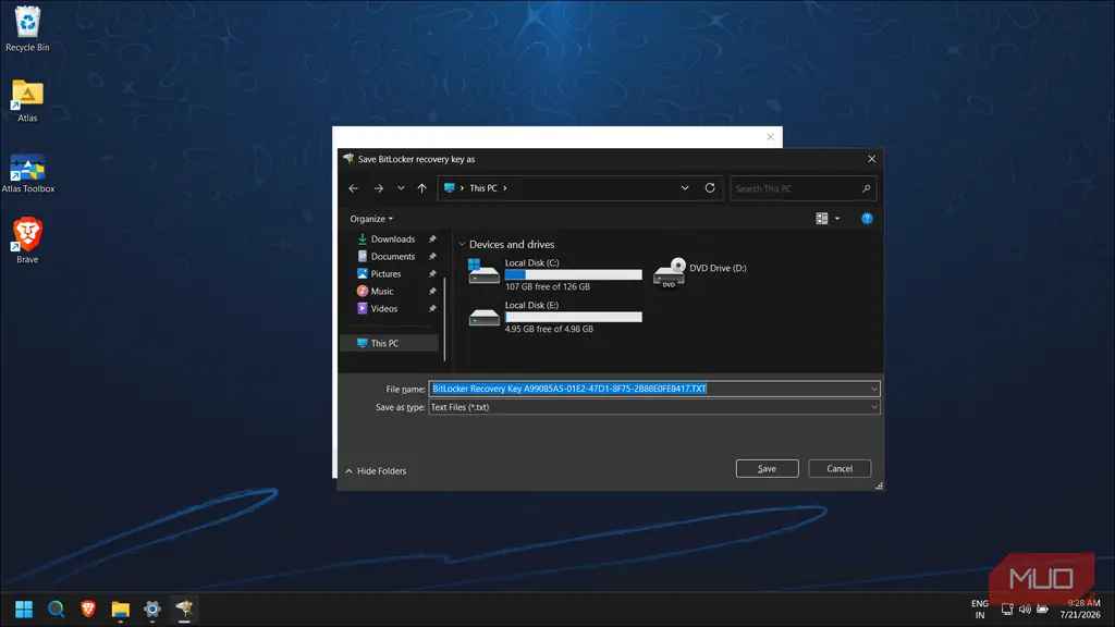 دیالوگ Save Recovery Key برای ذخیره کلید بازیابی BitLocker به صورت فایل