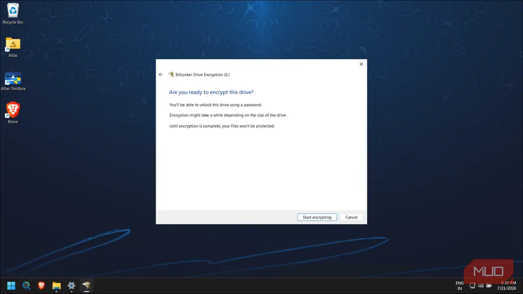 دیالوگ تأیید شروع رمزگذاری BitLocker روی درایو