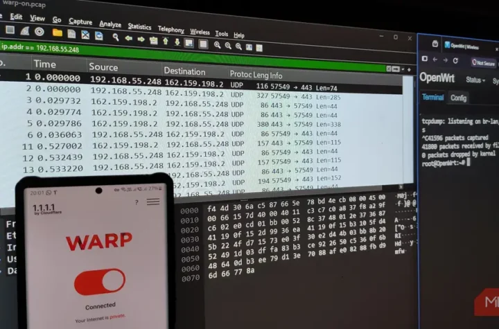 گوشی اندرویدی کنار صفحه تحلیل شبکه و لوگوی Cloudflare WARP