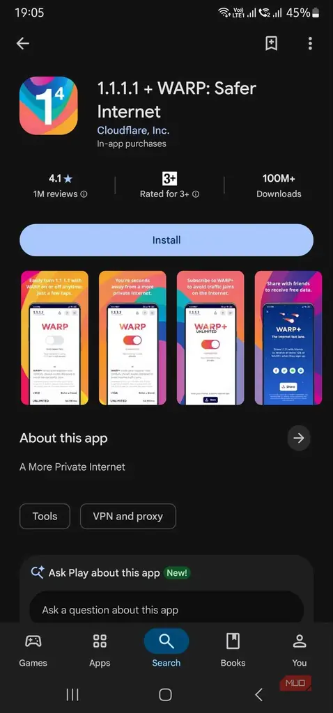 صفحه Google Play برای برنامه 1.1.1.1 و Cloudflare WARP