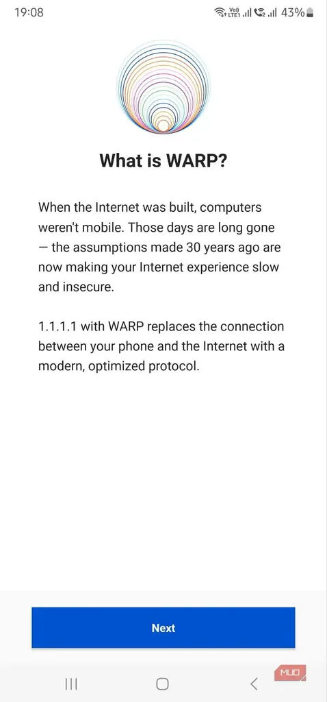 صفحه راهاندازی اولیه Cloudflare WARP روی اندروید