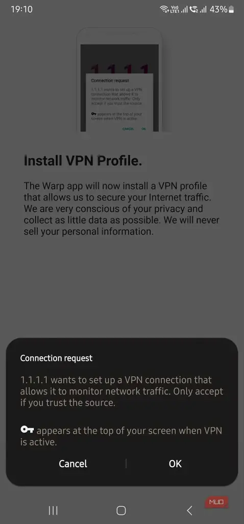 درخواست اندروید برای اجازه ایجاد اتصال VPN توسط WARP