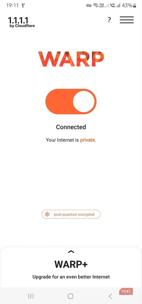 صفحه برنامه Cloudflare WARP پس از اتصال موفق