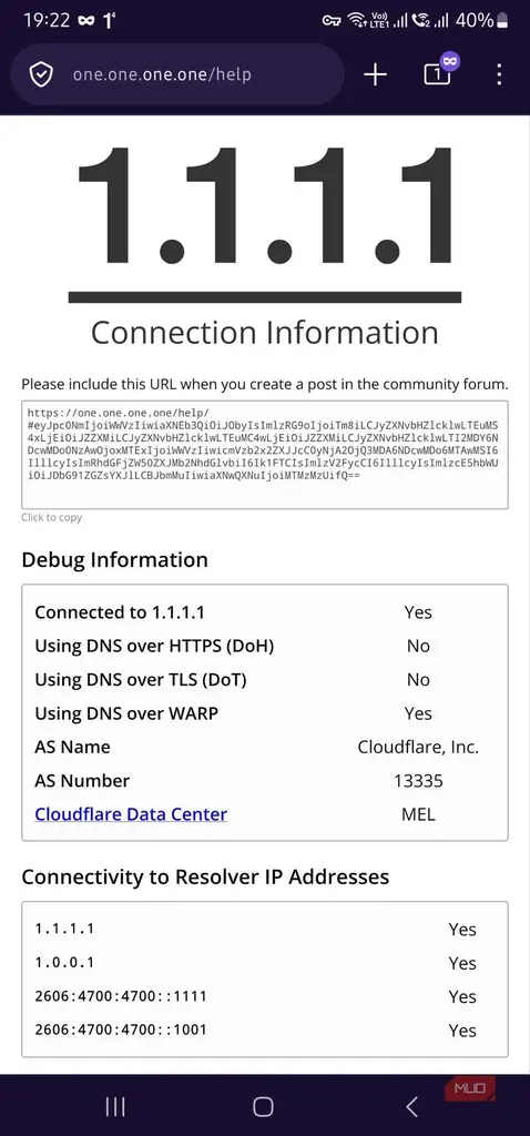 نتایج صفحه راهنمای 1.1.1.1 با فعال بودن DNS و WARP