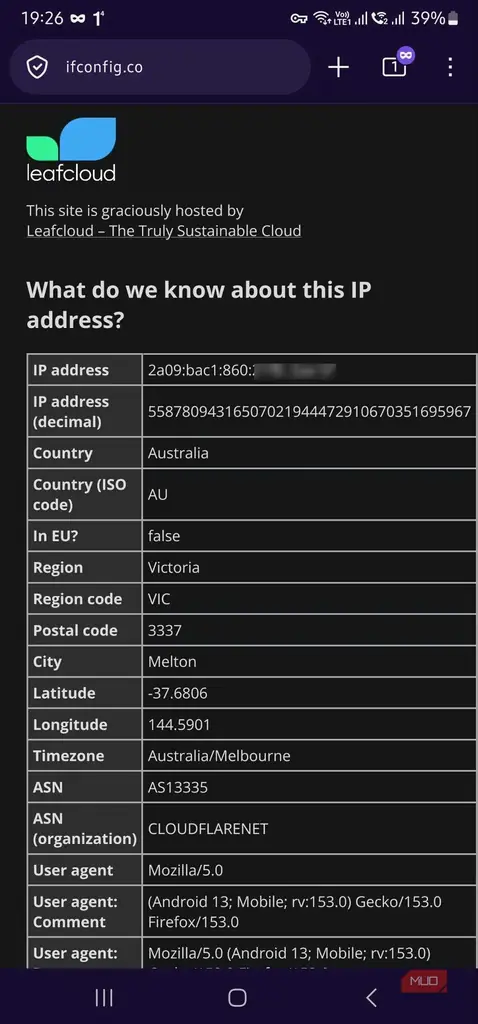 نتیجه بررسی IP عمومی هنگام اتصال از طریق Cloudflare WARP