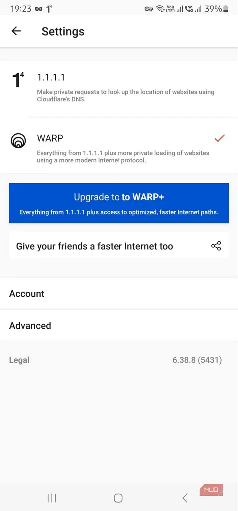 حالتهای اتصال WARP و 1.1.1.1 DNS Only در برنامه Cloudflare