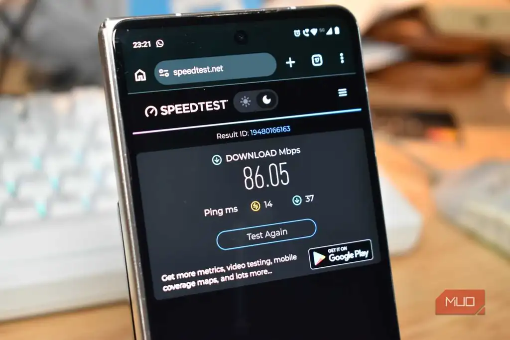 نتیجه Speedtest روی گوشی اندرویدی متصل به وای‌فای ۵GHz پیش از تغییر پهنای کانال