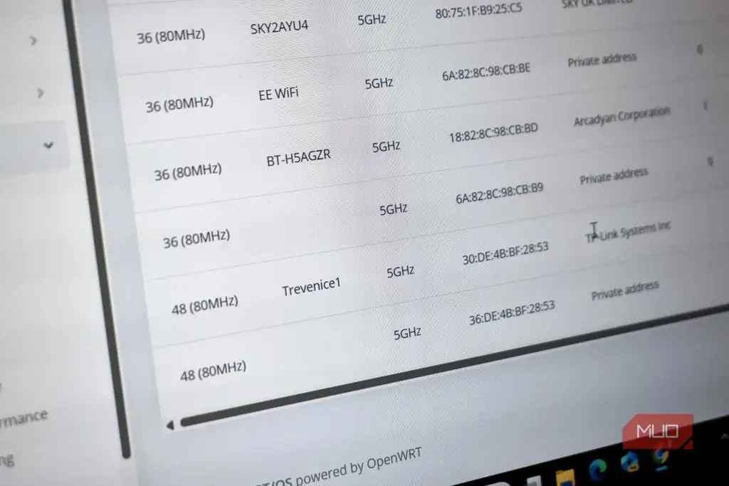 نتایج اسکن شبکه‌های وای‌فای روی باند ۵GHz