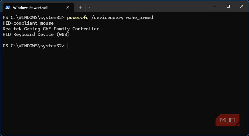 دستور powercfg در PowerShell ویندوز نشاندهنده دستگاههای آماده برای بیداری
