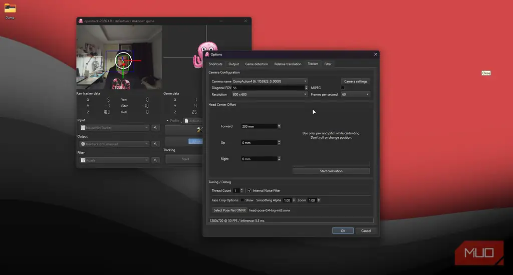 نرمافزار OpenTrack با پنجره تنظیمات ردیاب باز.