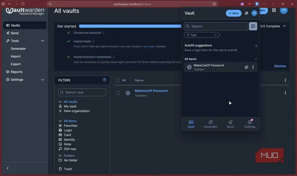 افزونه مرورگری Bitwarden در حال اتصال به Vaultwarden