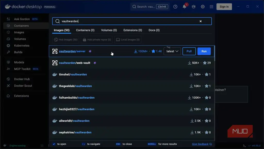 تصویر Vaultwarden در Docker Desktop
