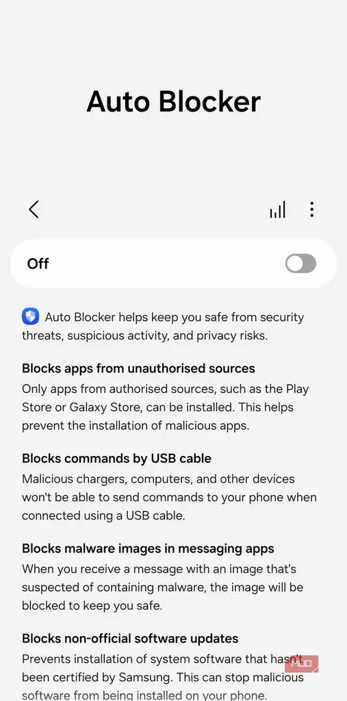 صفحه تنظیمات Auto Blocker در گوشی سامسونگ