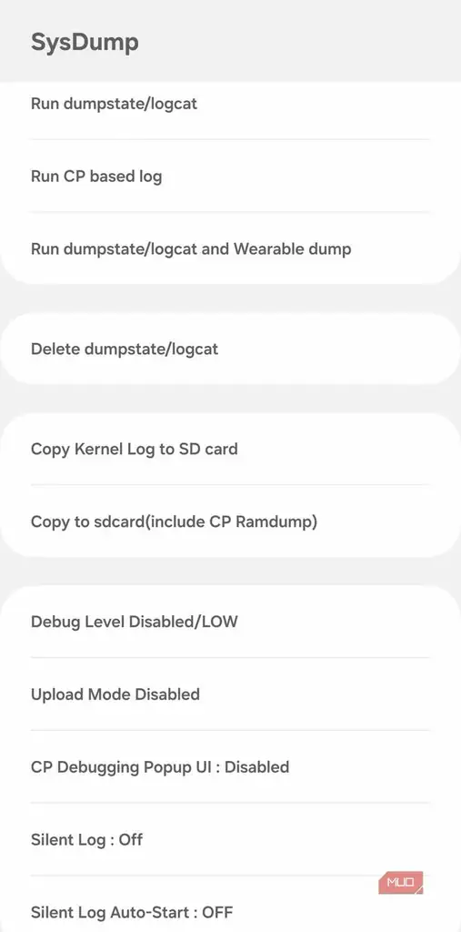 منوی SysDump در گوشی سامسونگ