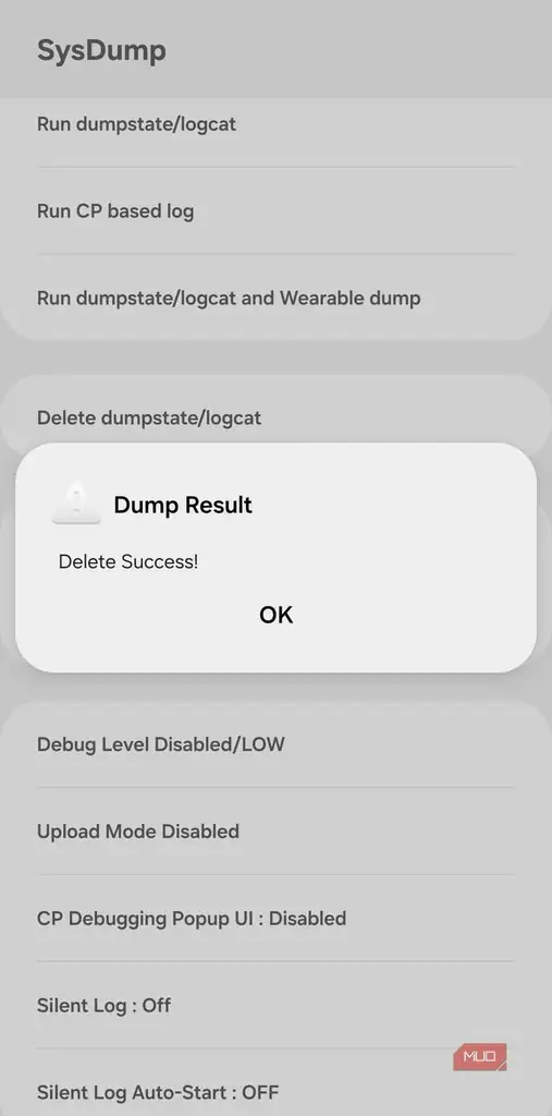 پیام نتیجه حذف گزارشها در منوی SysDump سامسونگ