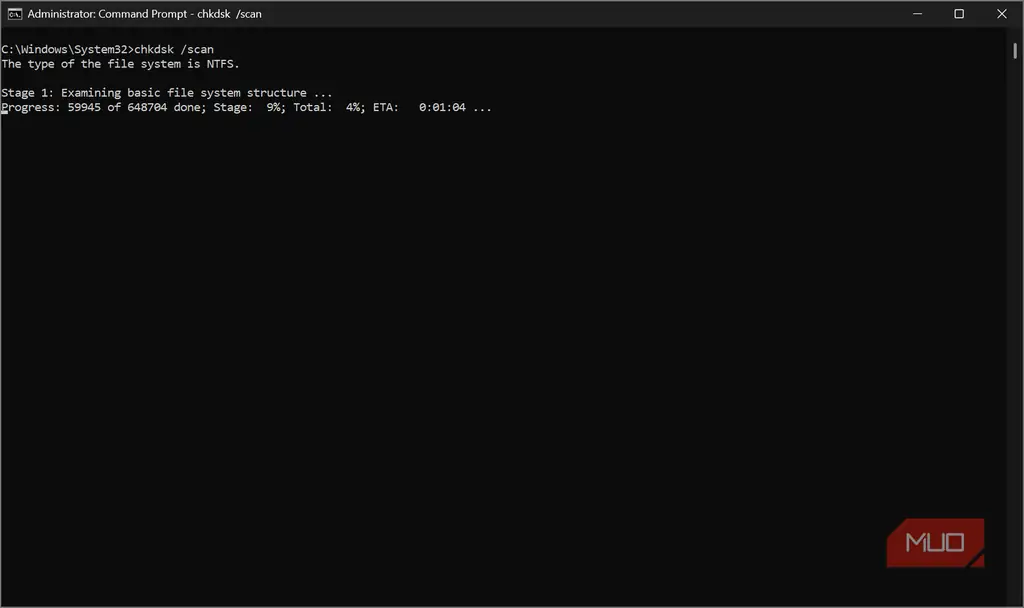 اجرای بررسی سیستم فایل درایو ویندوز (chkdsk /scan)